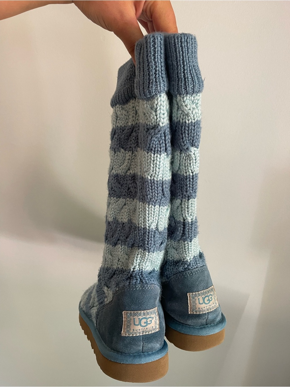 UGG Australia Classic Cable Knit Striped Boots Blue Suede Tall 5822 Women Size 8 - Picture 2 of 6